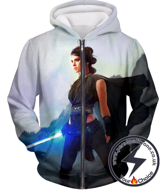 Star Wars Amazing Fan Art Last Jedi Rey Action White Zip Up Hoodie